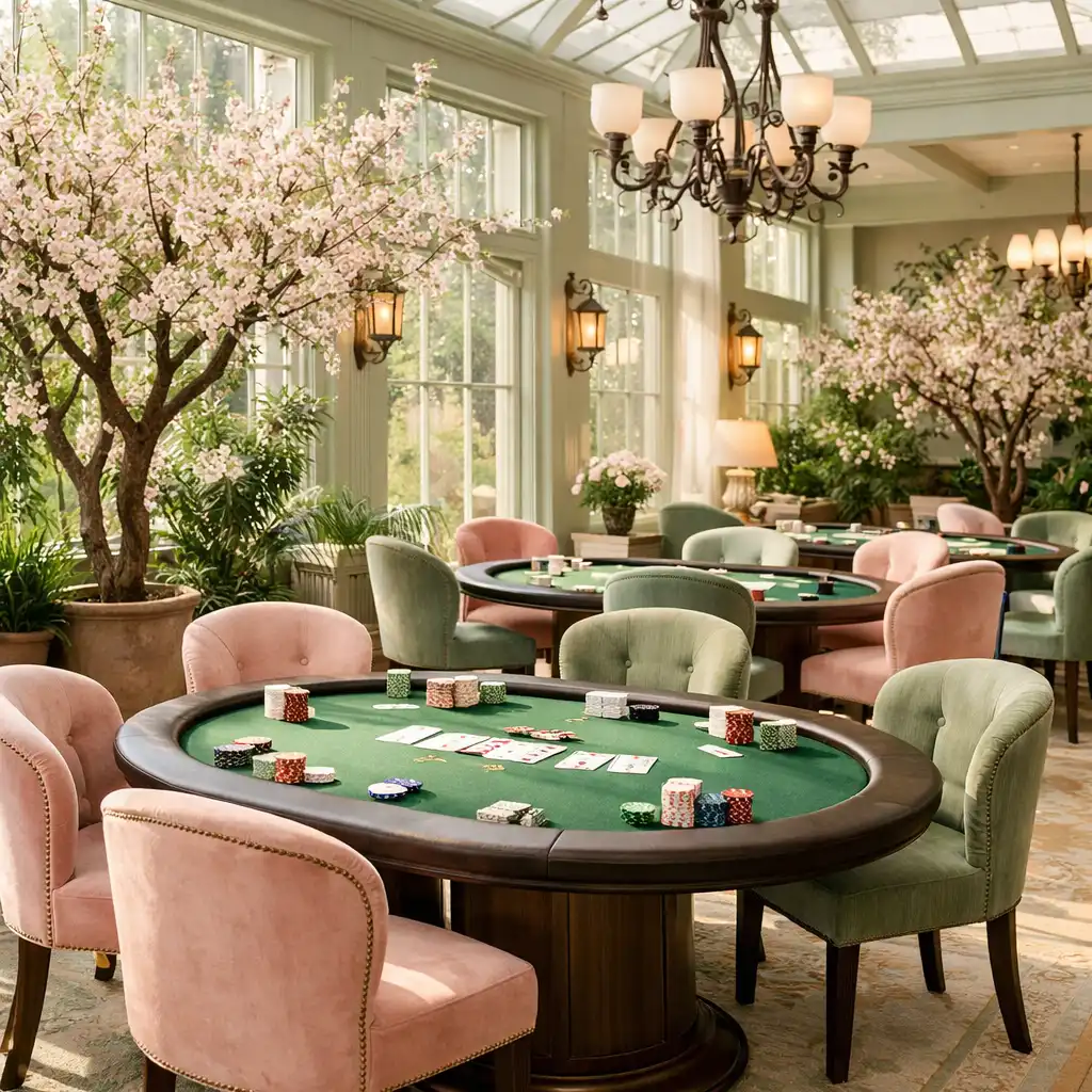 Intérieur élégant de la card room avec tables de poker et lumière naturelle