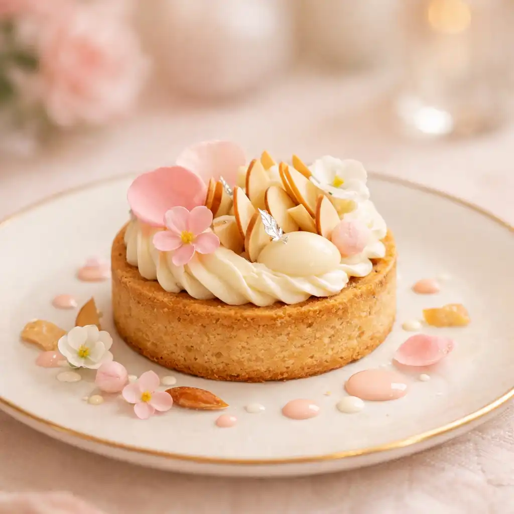 Dessert français élégant présenté avec des fleurs comestibles sur une assiette