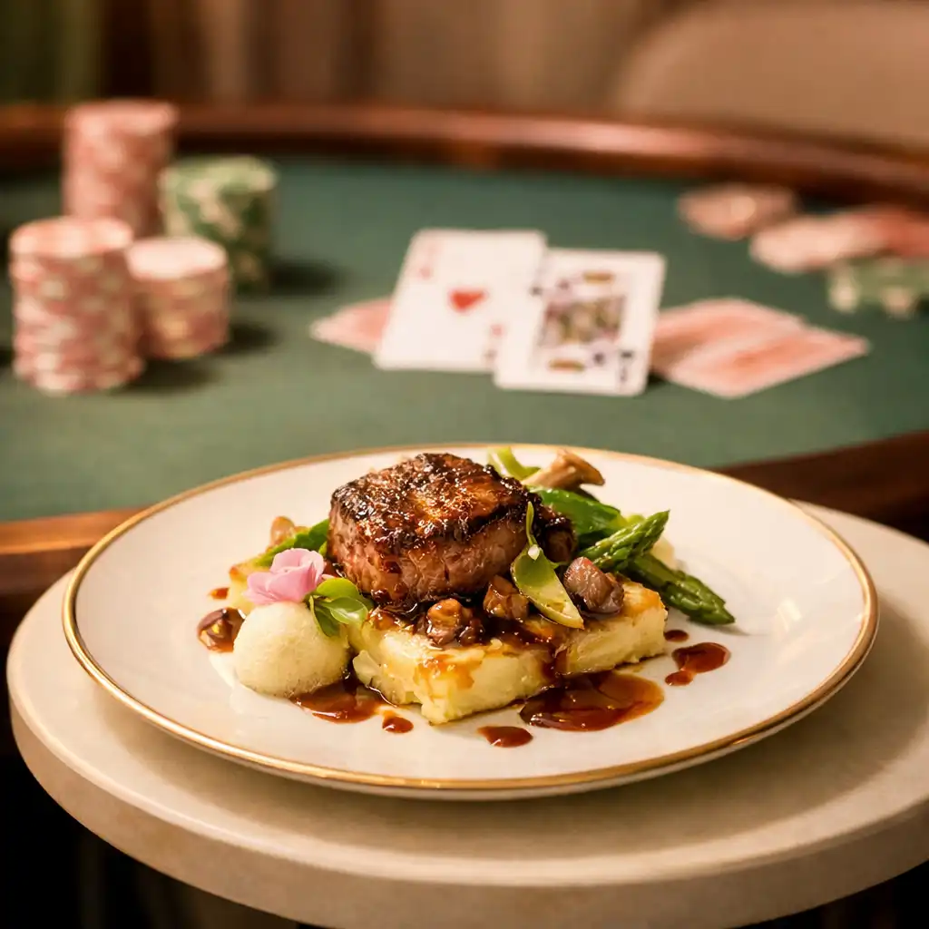 Plat gastronomique posé à côté d'une table de poker avec cartes et jetons