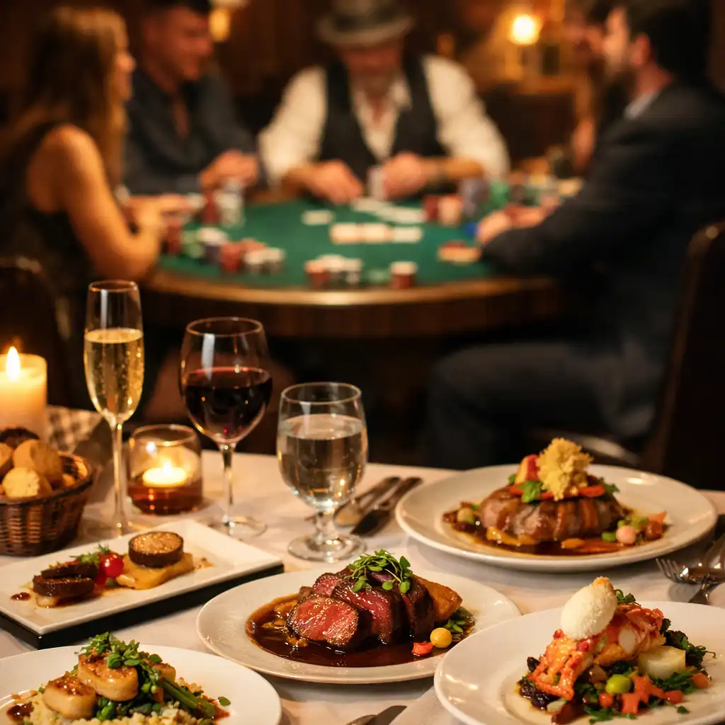 Table dressée pour un dîner gastronomique avec une table de poker en arrière-plan
