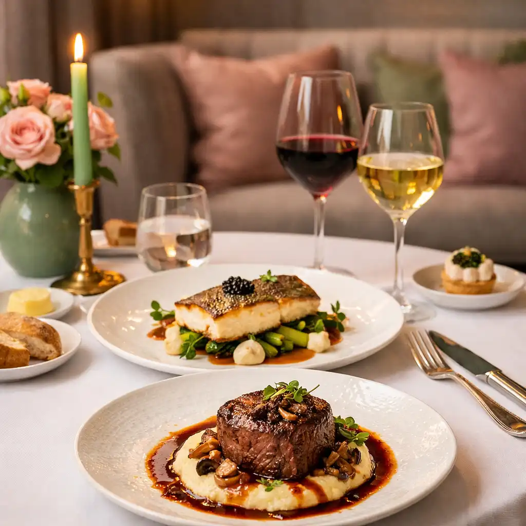 Table de restaurant gastronomique dressée avec élégance au Salon Amandier