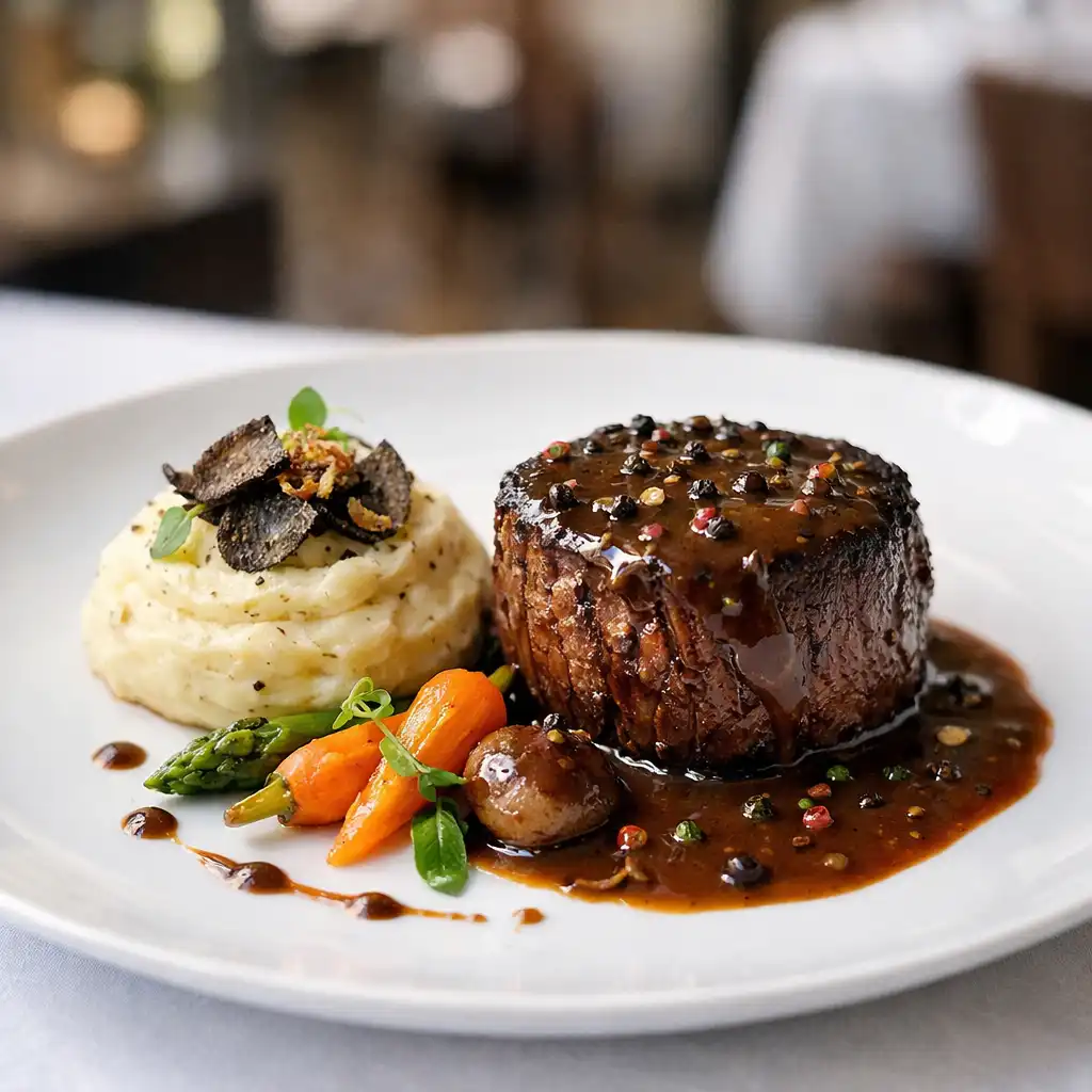 Plat signature du Salon Amandier, filet de bœuf sauce au poivre et purée à la truffe