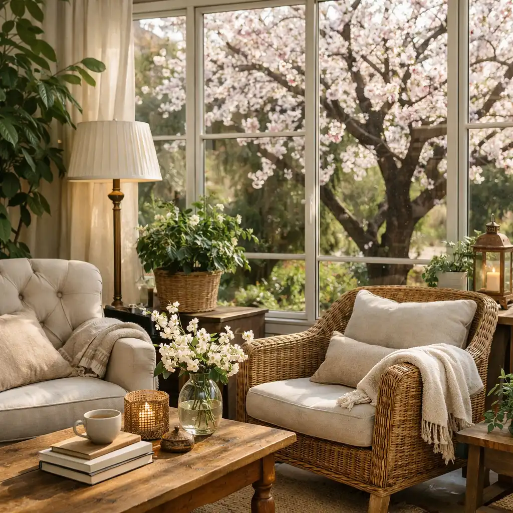 Coin salon de la véranda avec fauteuils et plantes