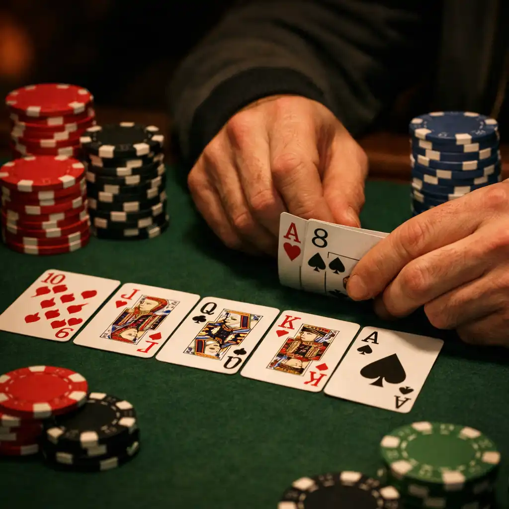 Détail d'une table de poker avec cartes et jetons