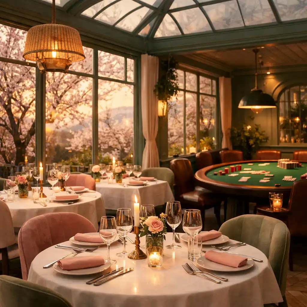 Intérieur de la véranda-jardin du Salon Amandier avec tables de restaurant et table de poker au loin