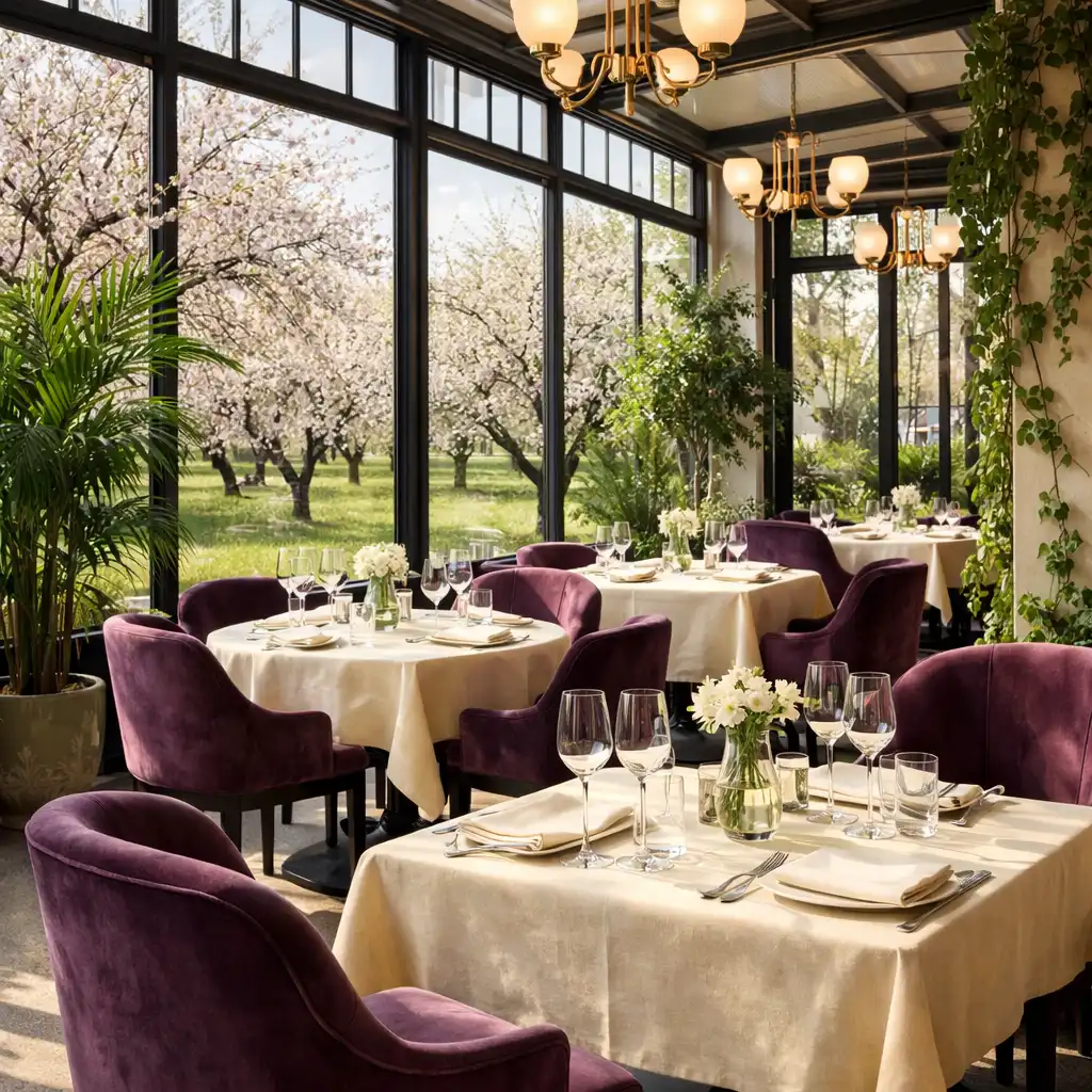 Vue de l'intérieur de la véranda-jardin avec tables élégantes, chaises en velours et grandes fenêtres donnant sur un jardin d'amandiers