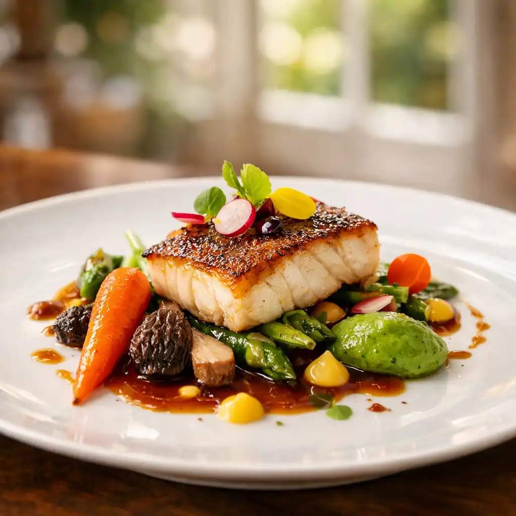 Plat gastronomique français raffiné présenté sur une assiette en porcelaine blanche