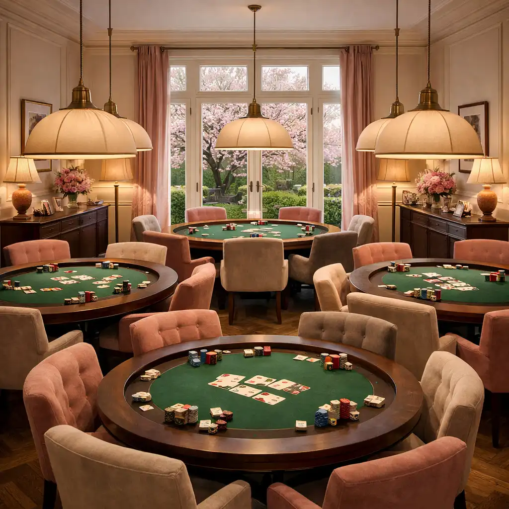 Poker room élégante avec table de poker, cartes et jetons, amandiers visibles à travers les fenêtres