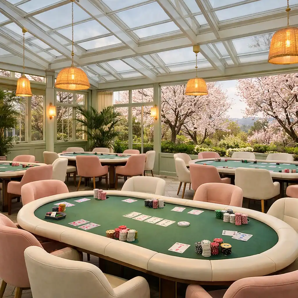 Vue panoramique de la poker room spacieuse du Salon Amandier avec plusieurs tables et des amandiers