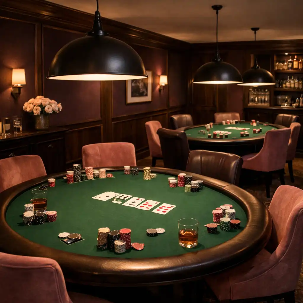 Poker room privée du Salon Amandier avec tables de poker en feutre vert et éclairage individuel