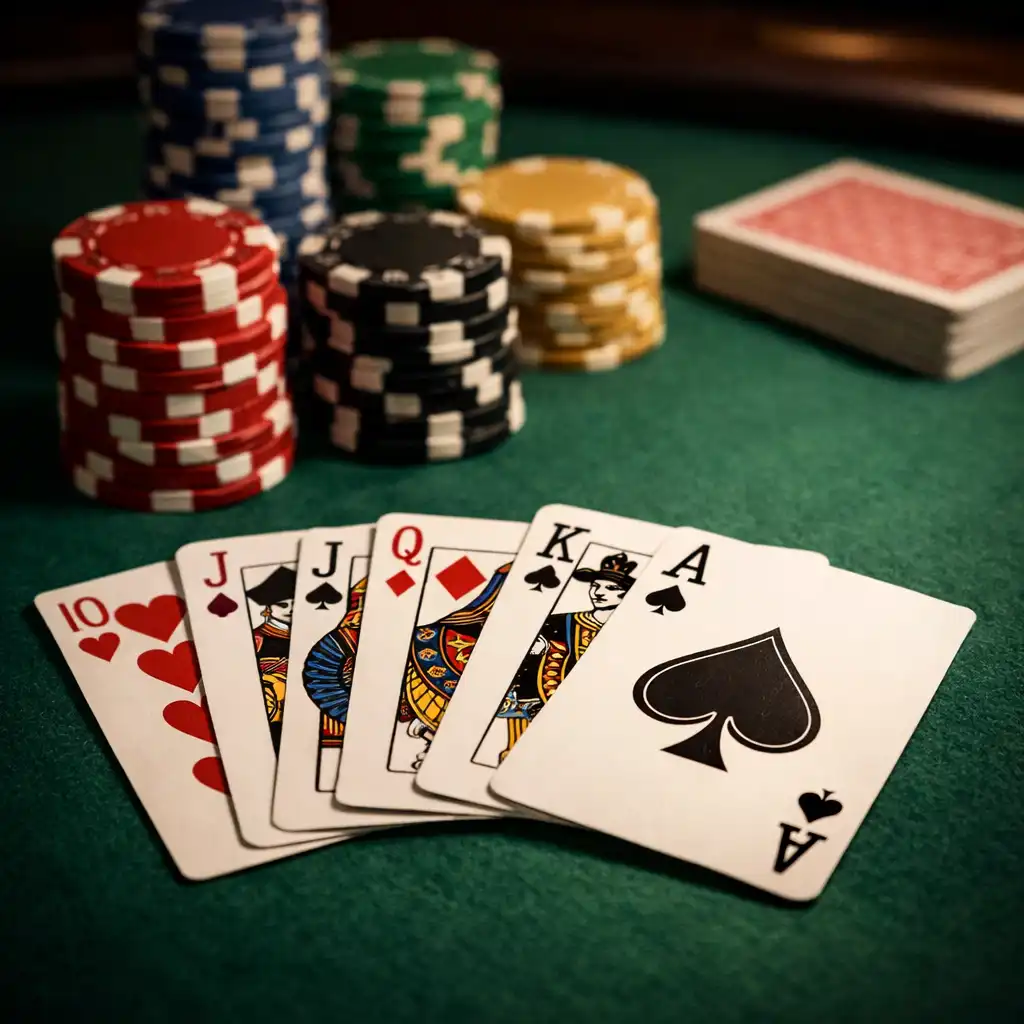 Détail d'une table de poker professionnelle avec cartes et jetons colorés