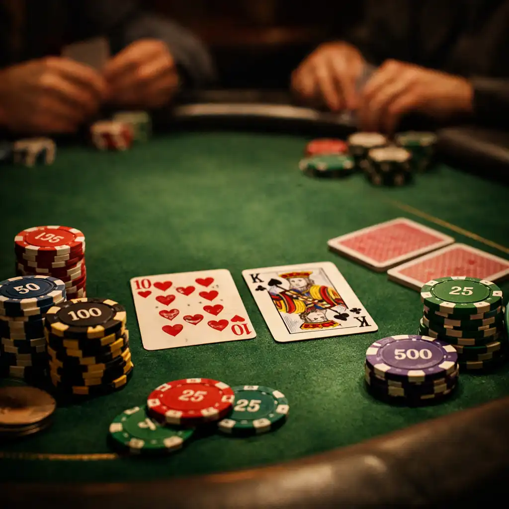 Table de poker professionnelle avec cartes et jetons en céramique