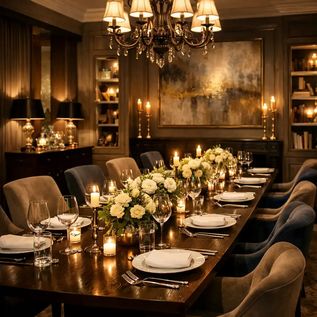 Salon privé élégant avec une grande table dressée pour un dîner de groupe