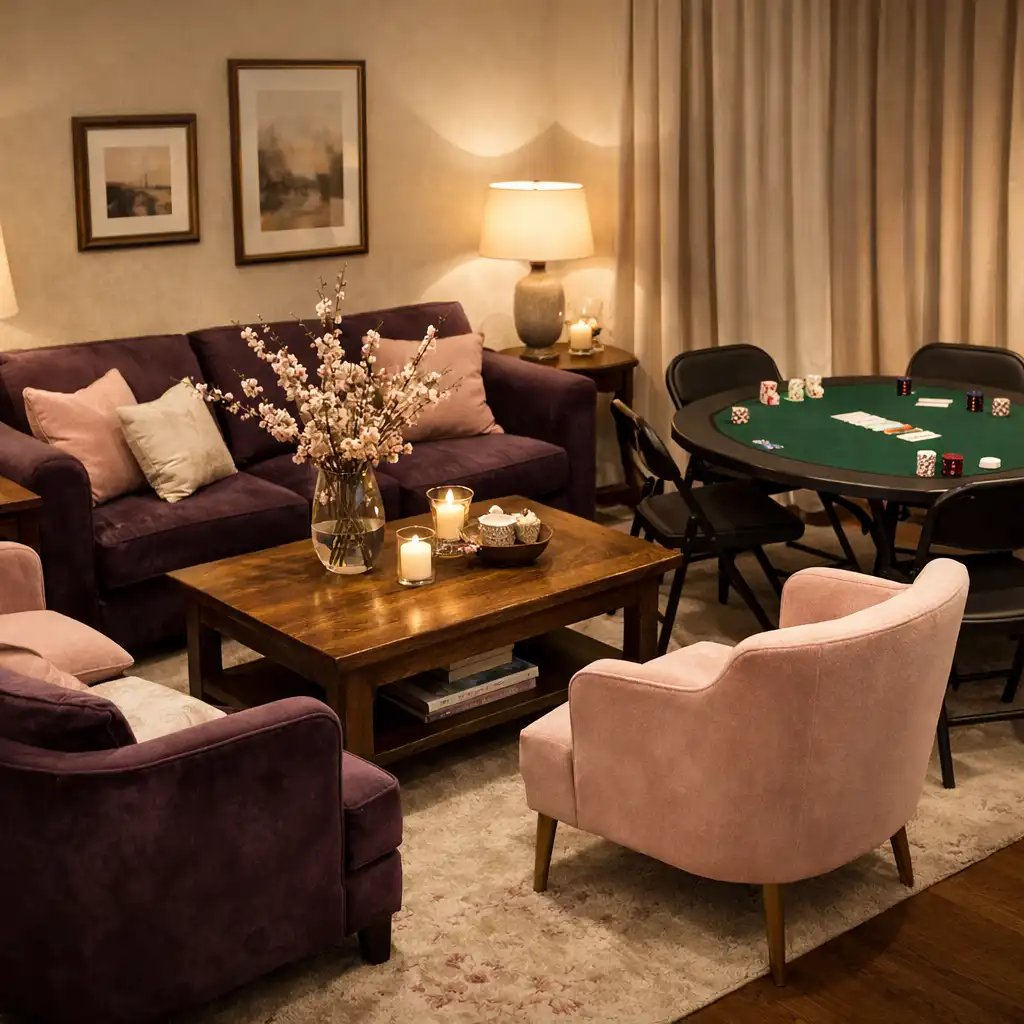 Salon Amandier intime avec canapés en velours aubergine et table de poker pliante
