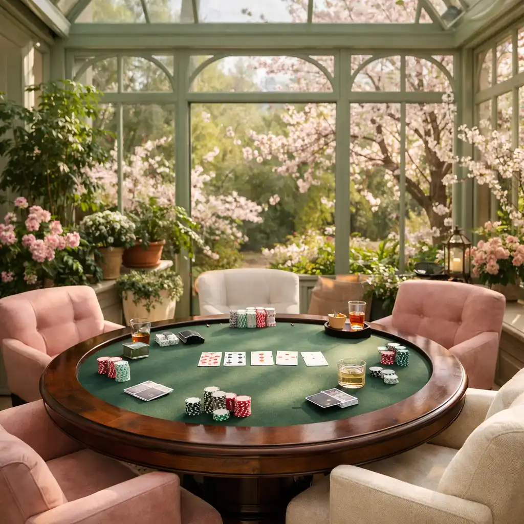 Table de poker élégante dans la véranda-jardin aux amandiers du Salon Amandier