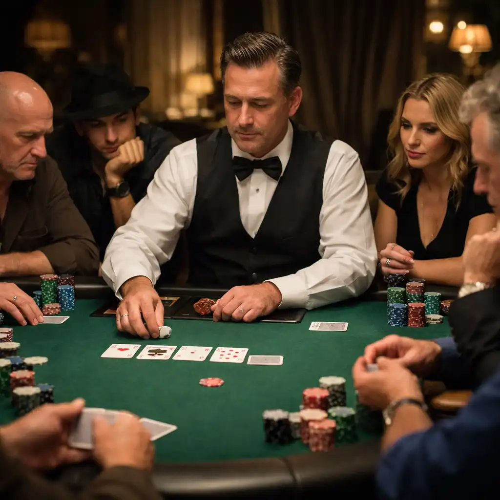 Tournoi de poker amical avec plusieurs joueurs concentrés autour d'une table