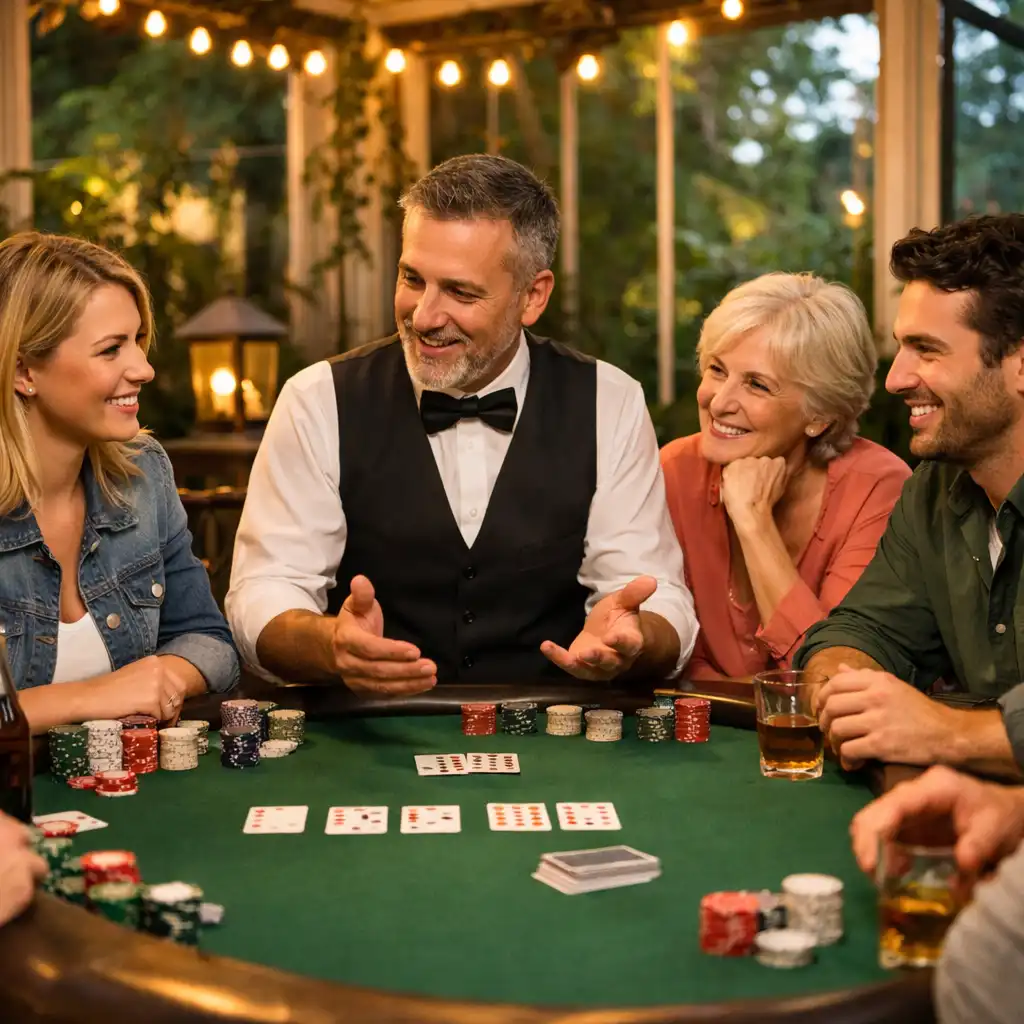Groupe souriant apprenant les règles du poker avec un croupier lors d'une soirée découverte