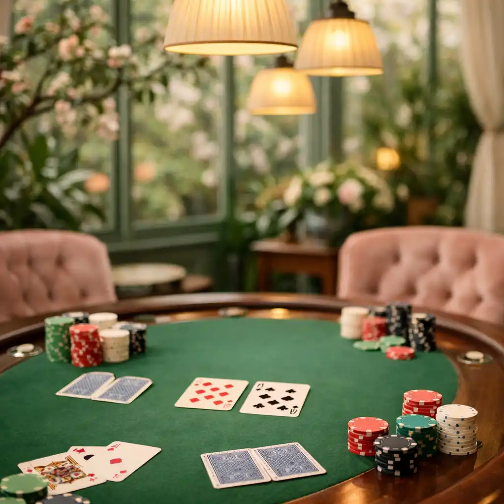 Table de poker élégante dans la véranda-jardin du Salon Amandier, avec cartes, jetons et lumière naturelle tamisée