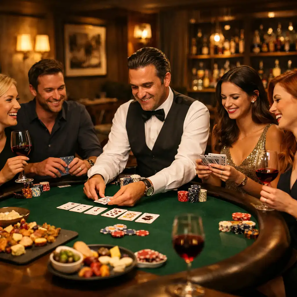 Soirée privée élégante avec un groupe d'amis autour d'une table de poker et un croupier dédié