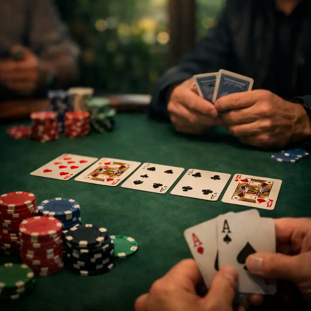 Gros plan sur une table de poker avec cartes à jouer et jetons colorés pendant une partie au Salon Amandier