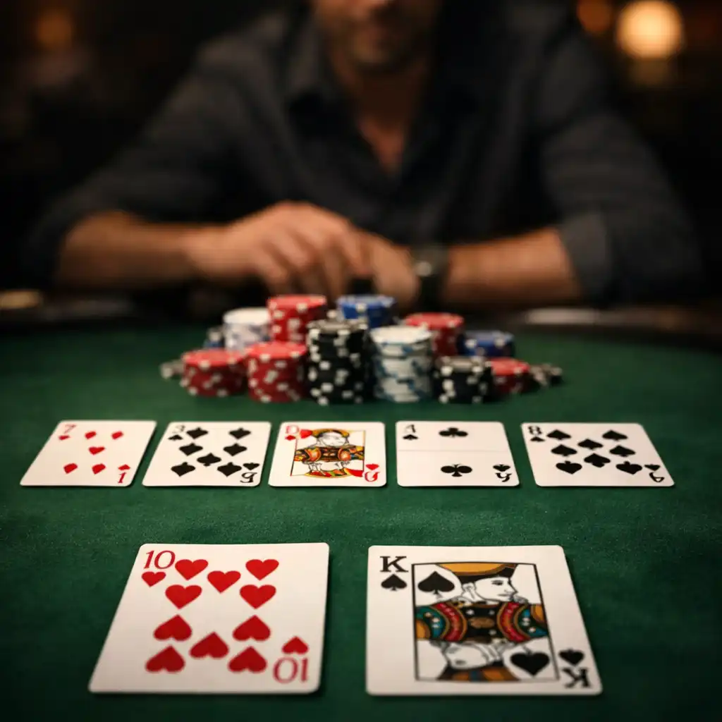 Main de Texas Hold'em avec cartes fermées, cartes communes et jetons sur la table