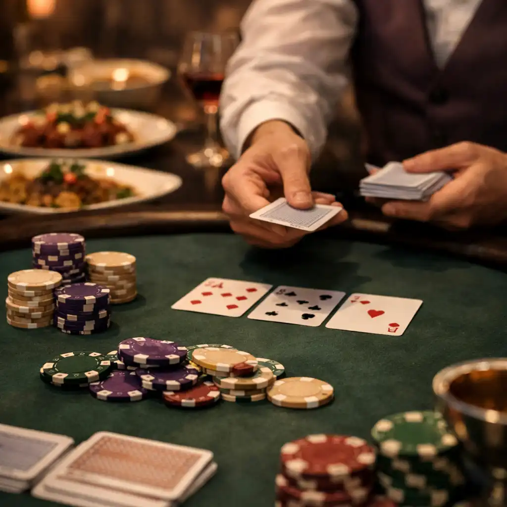 Gros plan sur une table de poker en action avec cartes et jetons, plats gastronomiques en arrière-plan