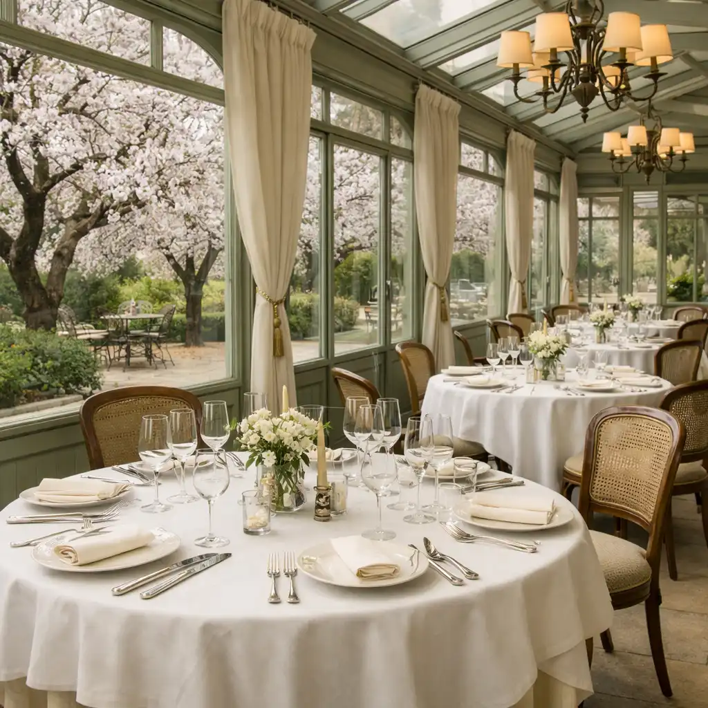 Véranda principale du Salon Amandier avec tables rondes dressées pour un dîner élégant